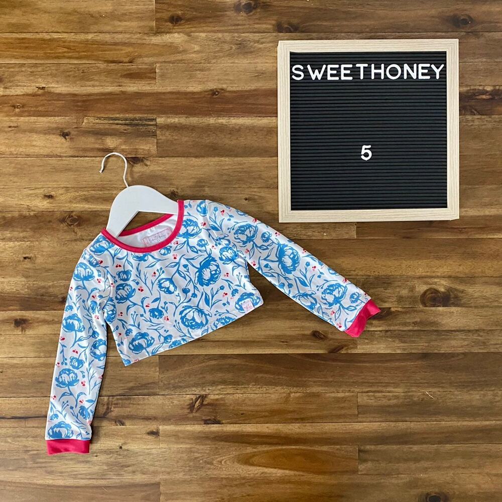 SweetHoney Micah Crop Rash Guard Swim Long Sleeve American Floral Red Blue Cream